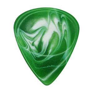 May include: A green and white guitar pick with a marbled design. The pick has a teardrop shape and a glossy finish. The white swirls create a dynamic pattern against the green background. This guitar pick is a musical accessory.