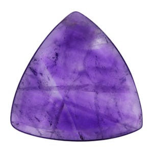 May include: A triangular, purple amethyst gemstone with a smooth, polished surface.