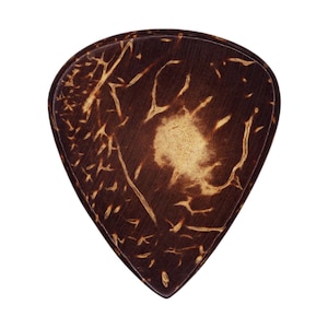 May include: A brown coconut shell guitar pick with a natural wood grain pattern.