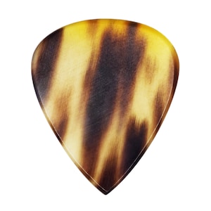 May include: A brown and yellow guitar pick made of tortoiseshell.