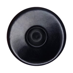 May include: A black wooden candle holder with a circular base and a central well for a candle.