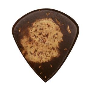 May include: A guitar pick with a unique, organic design. The pick features a dark brown border and a lighter, textured center with a mottled appearance. Small, lighter-colored accents are scattered across the surface, adding to its distinctive look.