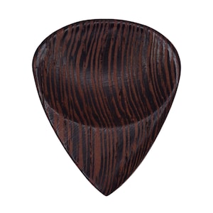May include: A dark brown wooden guitar pick with a triangular shape and a smooth, polished surface.