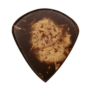 May include: A brown guitar pick with a unique, textured design. The pick features a dark brown border and a lighter, tan-colored center with intricate patterns. The overall shape is a rounded triangle, suitable for musical instruments.