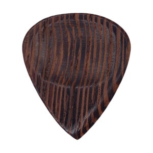 May include: A dark brown wooden guitar pick with a striped pattern.