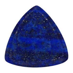 May include: A triangular shaped lapis lazuli gemstone with a deep blue color and flecks of gold pyrite.