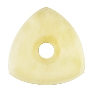 May include: A triangular, off-white guitar pick with a round hole in the center.