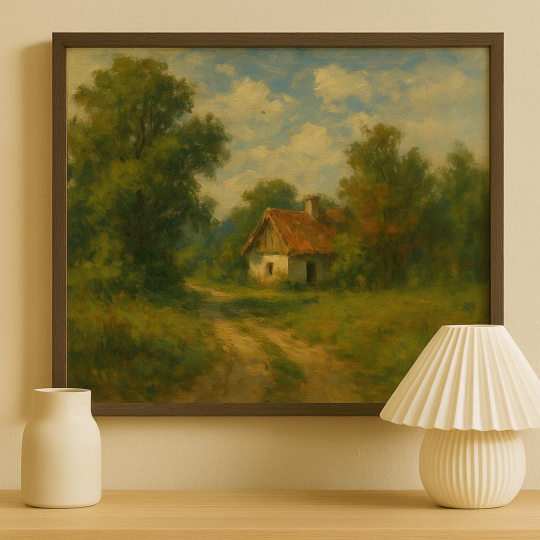 Vintage Landscape Wall Art – Rustic Cottage in Nature | Printable Oil ...
