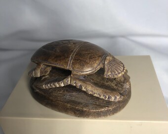 Vintage Hand Carved Stone Egyptian Scarab Amulet Sculpture with Hieroglyphs, 2.75" long