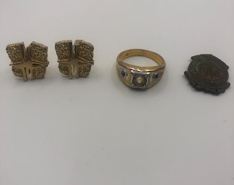 Vintage Gold Tone Cuff Links, 18KT HGE Ring, School Safety Badge