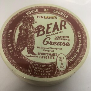 Vintage House of Laurila Finland's Bear Grease Can, Shoe Leather Dressing,  Made in USA, Detroit, Michigan, Waterproof, Snow Proof, Dew Proof - Etsy