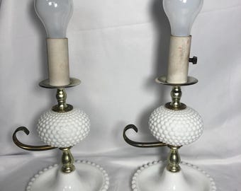 Pair of MCM 1960's Milk Glass 12" Lamps, Hobnail, Boudoir Style, Bedroom, Vanity, Working