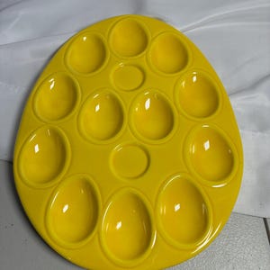 Vintage Yellow Ceramic Egg Shaped Deviled Egg Holder Plate, holds 12 , Marked USA, JB 36