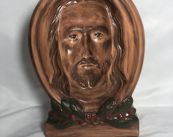 Vintage 1970's-80's Ceramic/Plaster Jesus Bust Follow Me Eyes Concave Inverted Face Design Hand Painted 11"