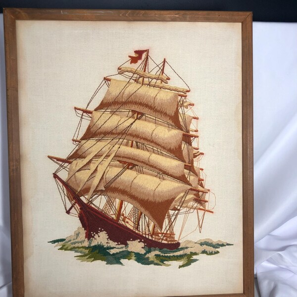 Vintage 1970s Crewel Embroidery Clipper Ship Wall Art, Wood Frame