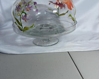 Vintage Block Crystal Tropical Lilies 10" Cake Dome Stand, Pedestal, Dome Lid