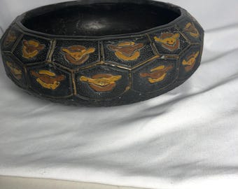 Vintage Japanese 3" x 8" Round 3 Footed Pottery Bowl, black Faceted Form