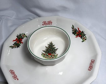 Vintage Pfaltzgraff Stoneware Chip N Dip Set, Christmas Heritage, Pepsi Cola