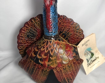 Vintage Turkey Leather wrapped Decanter, Casa Vento, Empty, Made in Italy, 10" tall