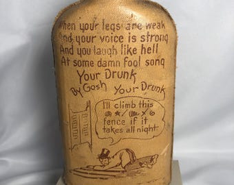 Vintage 1940's-50's Leather Wrapped Glass Whiskey Flask, Drinking Rhyme