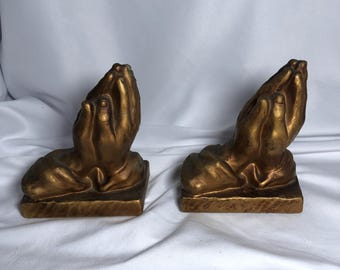 Vintage MCM 1960's Chalkware Praying Hands Bookends, Bronze Tone, Lego, Japan