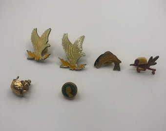 Vintage Tie Pin Lot: Road Runner, Fish, Turtle, Falcon, Izaak Walton