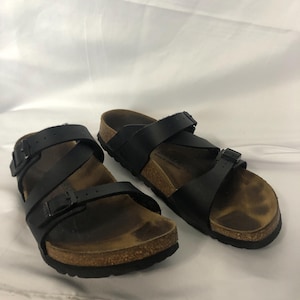Birkenstock Sandals Women 37 Black Criss Cross Pre Owned Cleaned with Birkenstock Cleaning Kit