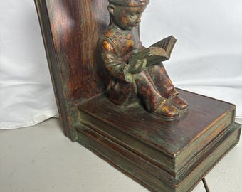 Vintage Single Ronson Style Bookend, Boy Reading Book, 6.25" x 4.5" x 7.25". metal faux bronze finish