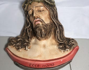 Vintage 1980's Plaster/Chalkware, Wall Hanging, Jesus with Crown of Thorns, Ecce Homo Hand Painted 11" tall