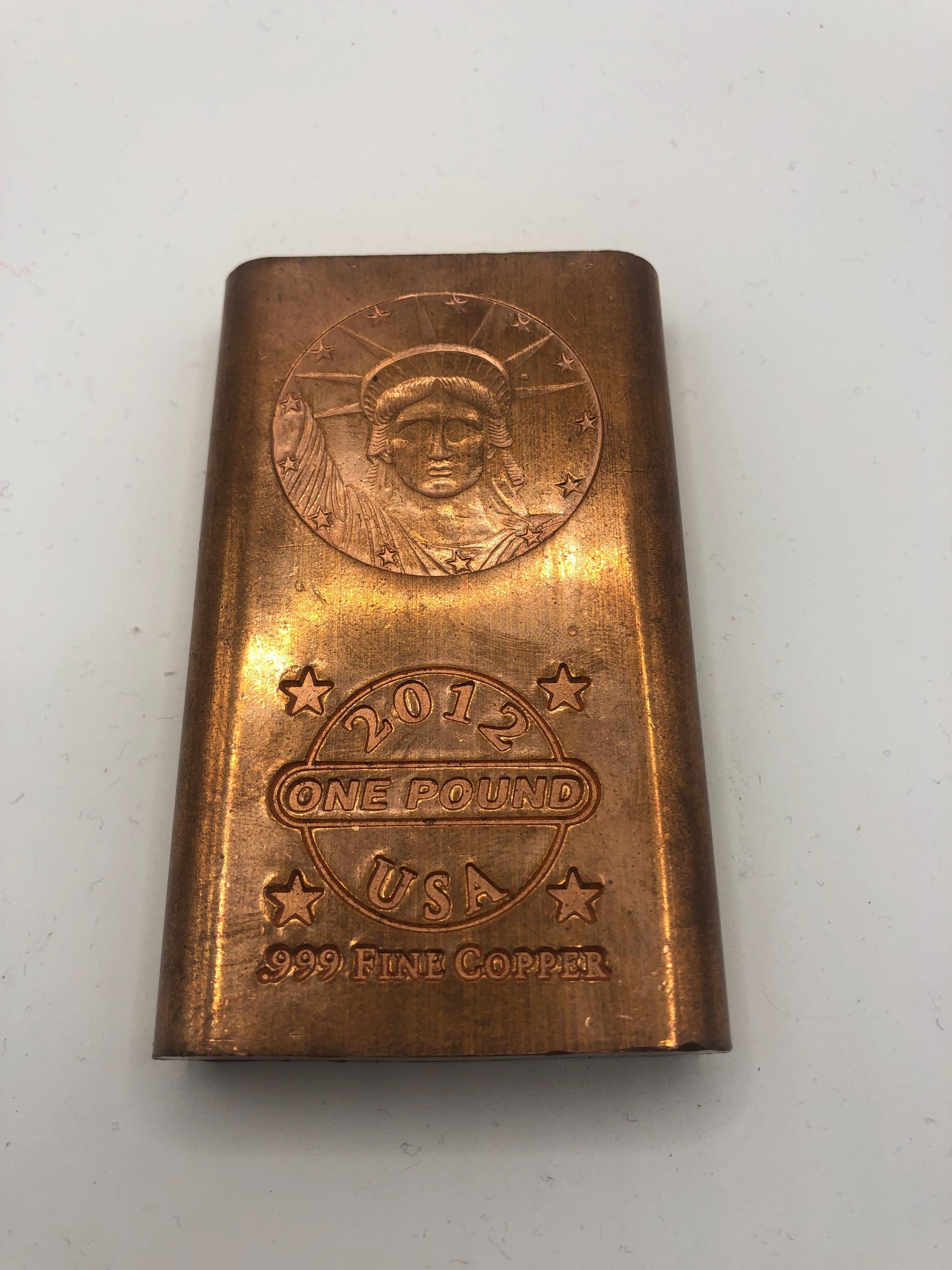 One Pound Copper Bar .999 Fine Copper 2012 USA Statue of Liberty