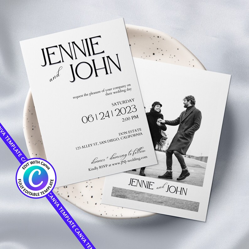 Printable Wedding Invitation Black and White Editable Canva Template