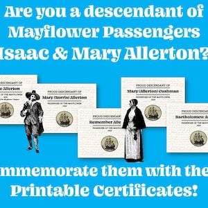 Isaac Allerton Family Mayflower Certificates Pilgrims Families Genealogy Poster Digital Download Printable PNG files to print