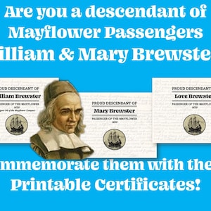 William Brewster Family Mayflower Certificates Pilgrims Families Genealogy Poster Digital Download Printable PNG files to print