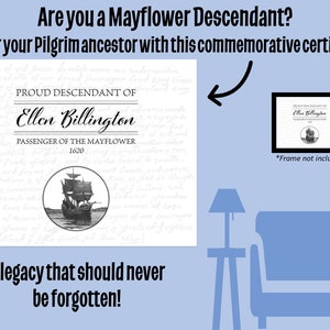Proud Descendant of Ellen Billington Certificate on thick 8.5x11-inch parchment paper w/ Mayflower Compact background & ship
