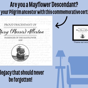 Proud Descendant of Mary (Norris) Allerton Certificate on thick 8.5x11-inch parchment paper w/ Mayflower Compact background & ship