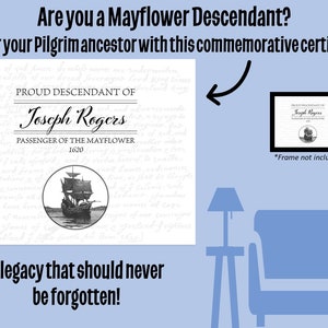 Proud Descendant of Joseph Rogers Certificate on thick 8.5x11-inch parchment paper w/ Mayflower Compact background & ship