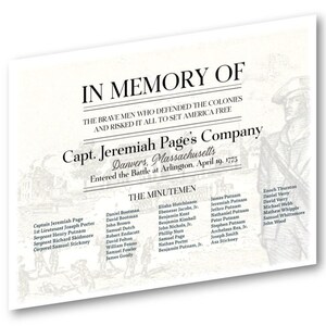 May include: A black and white print of a historical document listing the names of soldiers who fought in the American Revolutionary War. The document is titled "In Memory Of" and lists the names of the soldiers in Captain Jeremiah Page's Company, Danvers, Massachusetts. The document states that the soldiers entered the Battle at Arlington, April 19, 1775.