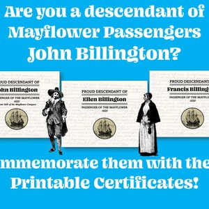 John Billington Family Mayflower Certificates Pilgrims Families Genealogy Poster Digital Download Printable PNG files to print