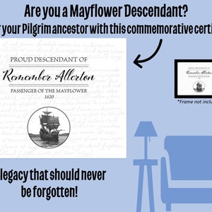 Proud Descendant of Remember Allerton Certificate on thick 8.5x11-inch parchment paper w/ Mayflower Compact background & ship