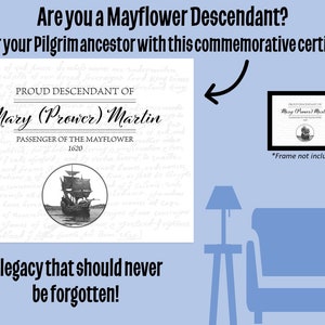 Proud Descendant of Mary (Prower) Martin Certificate on thick 8.5x11-inch parchment paper w/ Mayflower Compact background & ship