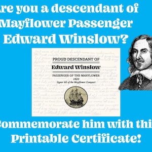 Edward Winslow Family Mayflower Certificate Pilgrims Families Genealogy Poster Digital Download Printable PNG file to print