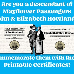 Certificados Mayflower de la familia John Howland, póster genealógico de familias de peregrinos, descarga digital, archivos PNG imprimibles para imprimir