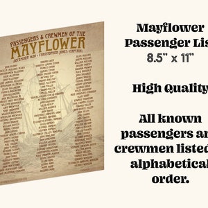 Mayflower Passenger List 1620 Pilgrims Families Genealogy Poster High Quality 8.5&quot; x 11&quot; poster mailed flat (matting optional)