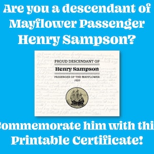 Henry Sampson Family Mayflower Certificate Pilgrims Families Genealogy Poster Digital Download Printable PNG file to print