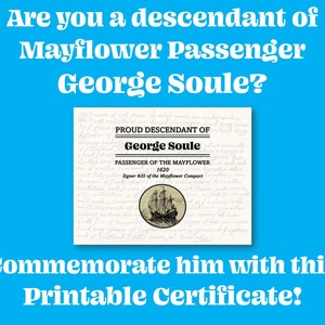 George Soule Family Mayflower Certificate Pilgrims Families Genealogy Poster Digital Download Printable PNG file to print