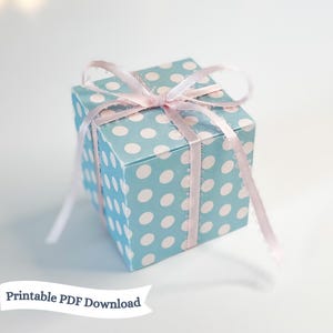 May include: A small blue gift box with white polka dots and a pink ribbon. The box is tied with a bow and the ribbon tails are hanging down.