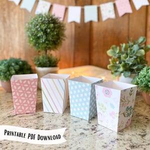 Printable Party Popcorn Boxes: Floral, Blue Polka Dot, Geometric Designs (PDF Digital Download)