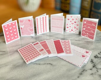 12 Assorted Pink Heart Patterned Mini Valentine Cards, Love Notes, Note Cards with Vintage Envelope Design, PDF Digital Download