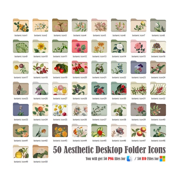 50 Desktop Folder Icons, Mac + Windows Folder Icons , Desktop Aesthetic Folder Icon, Botanical Themed Icons, Digital Art