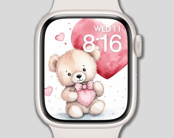 Fondo de pantalla de Apple Watch, esfera del reloj, día de San Valentín, un oso en acuarela, fondo del reloj, esfera del reloj digital, arte digital, diseño digital
